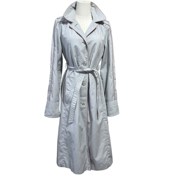 freddi gail Jackets & Blazers - Freddi Gail 70s Vintage Blue Button Up Hooded Trench Coat Purple Trim Size 9 M